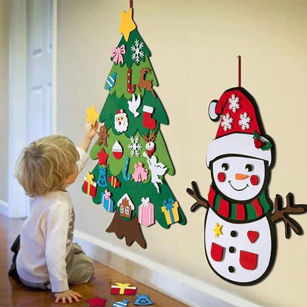 Montessori Felt Christmas Tree for Toddlers, 3.2FT DIY Wall Xmas Tree with 32 Ornaments and Lights, Kids Interactive Felt Wall Hanging Christmas Tree Detachable Ornaments (Style A-1set)