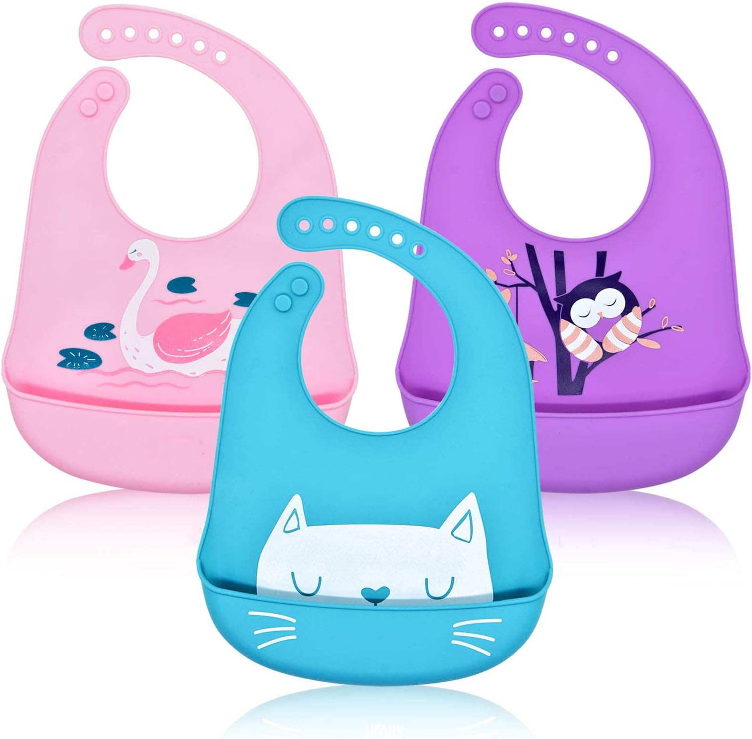 Baby Bibs Silicone Feeding Bibs Babies Weaning Waterproof Wide Food Crumb Catcher Pocket Toddlers Unisex Kids Soft Easily Wipe Clean Animal Design Machine Washable No-Mess Food Grade, 3 Pieces