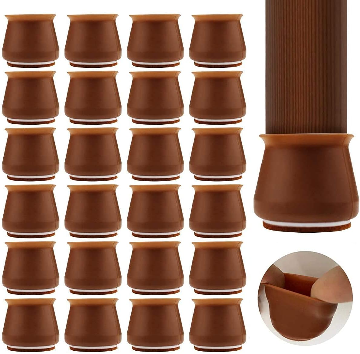 Upgraded 24 PCS Chair Leg Caps with Felt Bottom Round&Square Silicone Chair Leg Protectors, Elastic Furniture Silicone Protection Cover to Prevent Floor Scratches and Reduce Noise (Coffee)