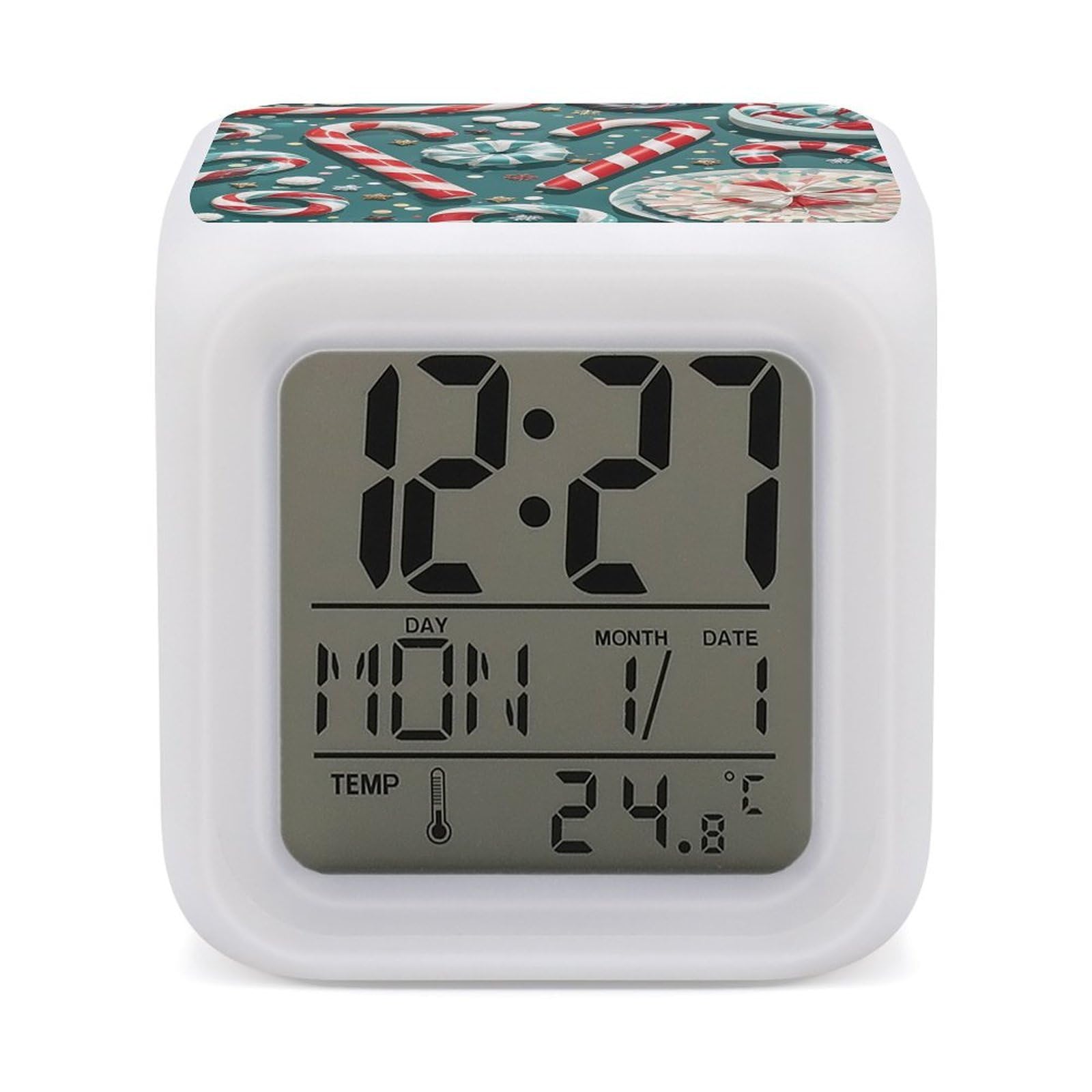 LZQPOEAS Christmas Candy Cane Alarm Clock Desk Clock with 7 Color Changing Night Light Digital Clocks with Temperature Display Sleep Training and Sound Machine for Heavy Sleeper