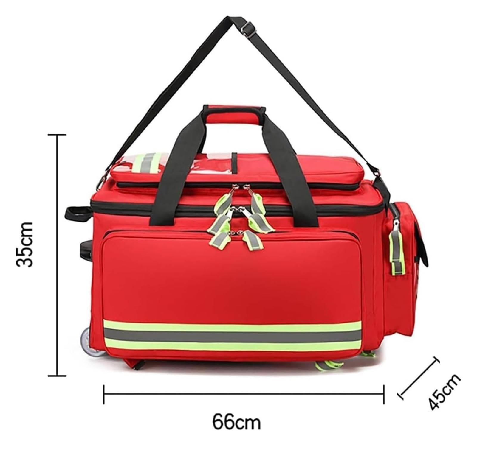 Maletín médico con ruedas y carrito desmontable, gran capacidad, interior multibolsillos, patas antideslizantes, bandas reflectantes, color rojo, botiquín de primeros auxilios portátil.