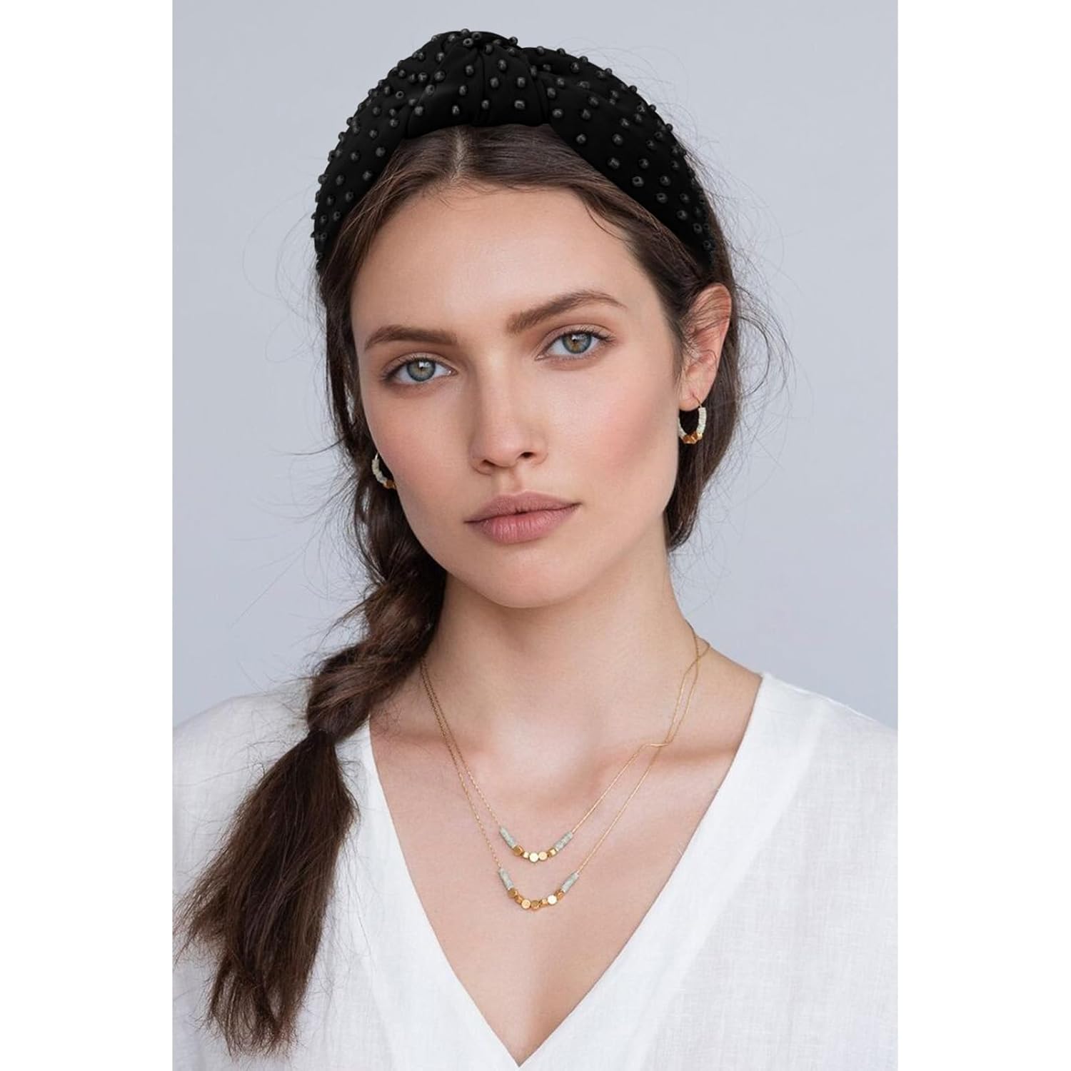 YISSION 1PC Pearl Knotted Headband for Women Non Slip Beaded Headband Wide Pearl Headbands for women Jeweled Embellished Hairband Black Head Band Hair Accessories for Women Girls - Image 3