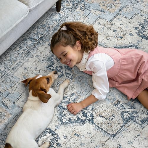 GENIMO Runner Rug 2x5, Machine Washable Non Slip Vintage Runner Rug, Low Pile Lighrweight Rugs for Entryway, Hallway, Kitchen and Corridor, Blue
