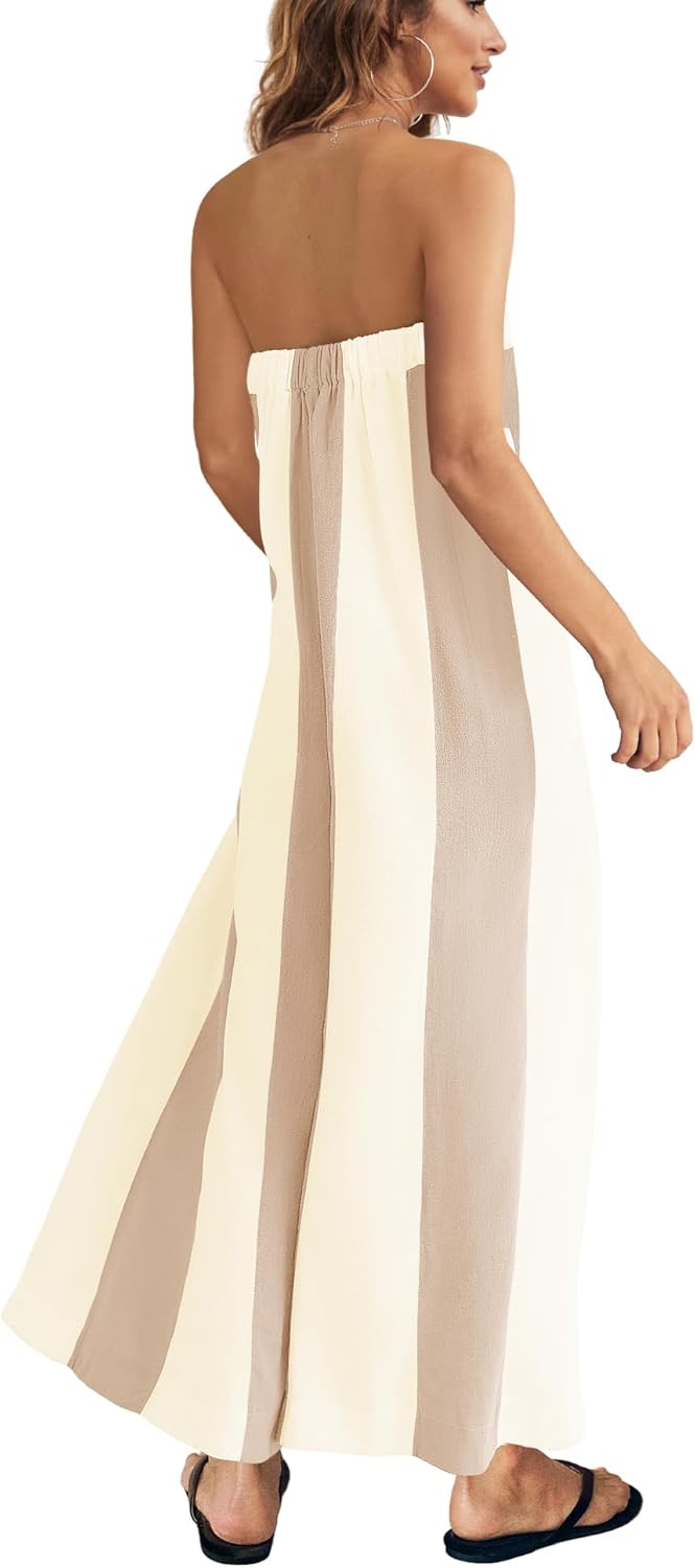 ReachMe Womens One Piece Fall Jumpsuits Strapless Tube Wide Leg Pants Striped Romper with Pockets Travel Vacation Outfits - Image 2