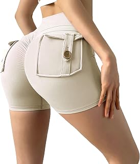 FAMOUHOME Women's Sports Butt Scrunch Shorts, Leggings Butt Lift Gym Leggings, High Waist Running Yoga Hot Pants with Pockets