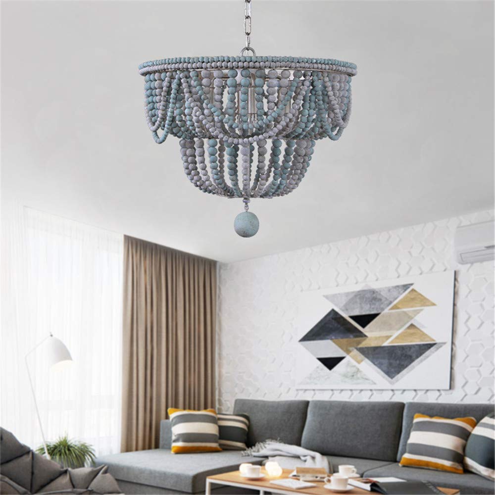 Niebieski i szary Retro Vintage Koralikowy Współczesny Styl Mebli Dekoracyjna lampa Hotel Oświetlenie Domu Żyrandol Shabby Chic Drewniana Wisząca Lampa Wisząca Bohemian Boho Plażow