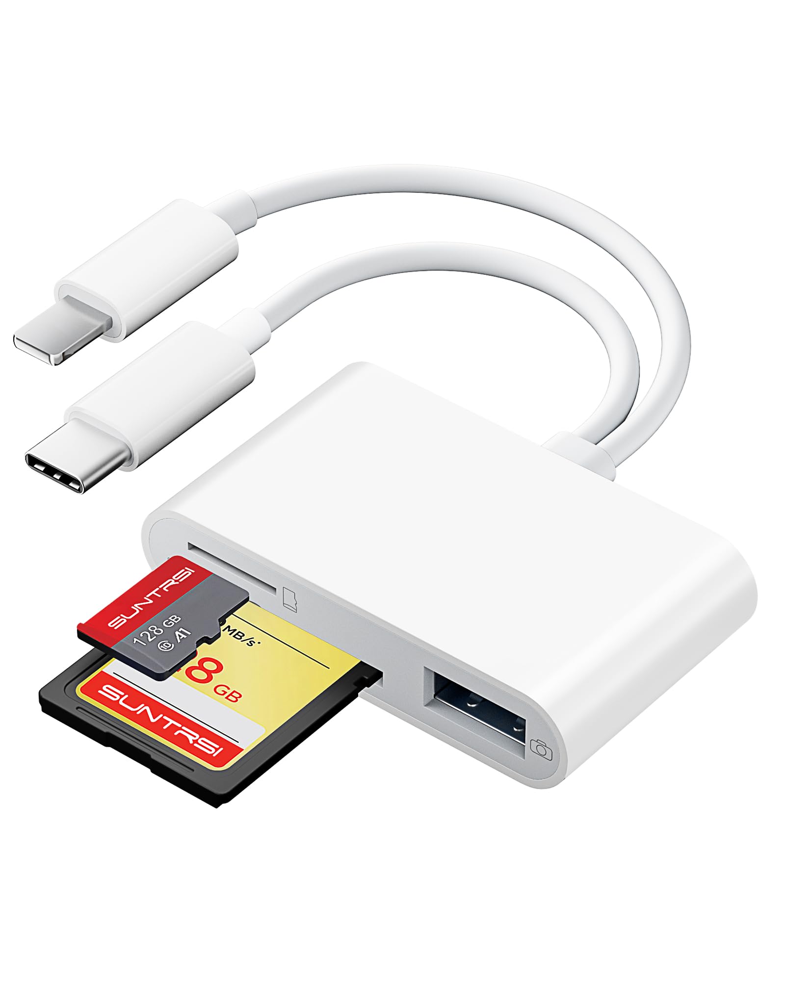 SUNTRSI 3in1 i-Phone SDカードリーダー 【双方向高速転送・2026新型】ライトニングー/USB-Cポート 全スマホ対応 カードカメラリーダー USB/TF/SDカードカメラリーダー 設定不要 双方向高速転送 写真/ビデオ/動画 メモリカードリーダー Phone/Pad/Mac/Android/PC 対応 最大1TB容量対応