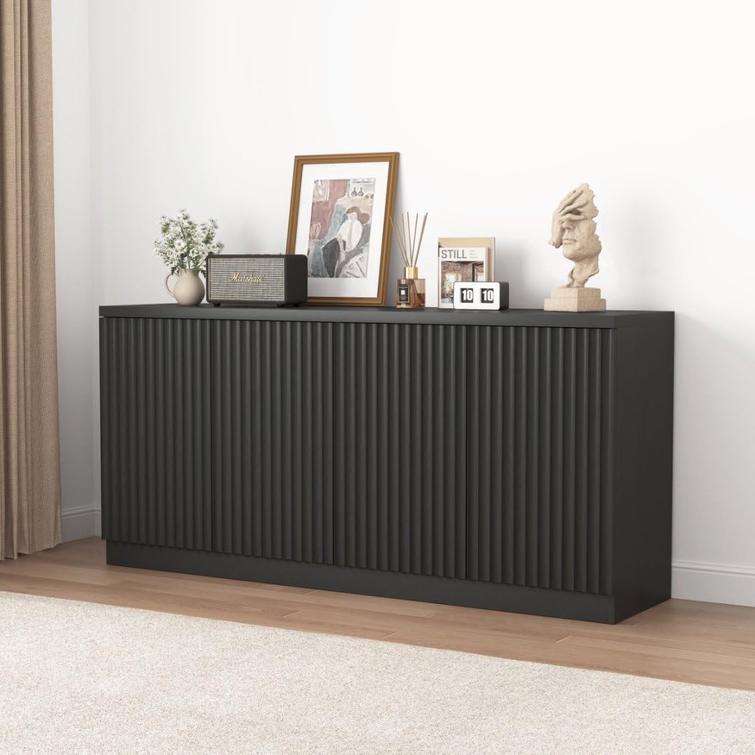 Fluted Sideboard with Storage 4 Doors & Adjustable Shelves Buffet Cabinet Large Modern Credenza Accent Console Cabinets with Rebound Device Door for Living Room Kitchen Hallway (Black)