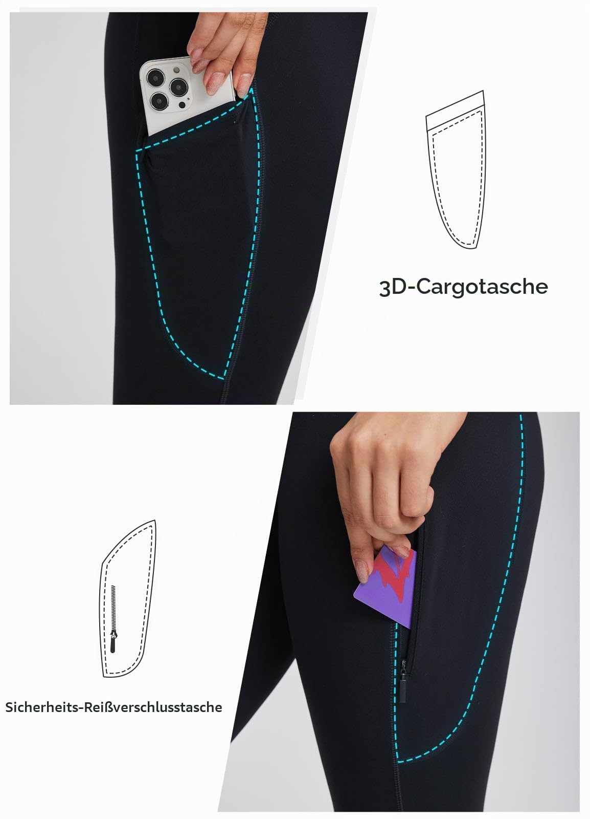 baleaf Damen Wanderleggings mit 3 Taschen Wanderhose Trekkinghose Sport Leggings High Waist Schnelltrocknend UPF 50+