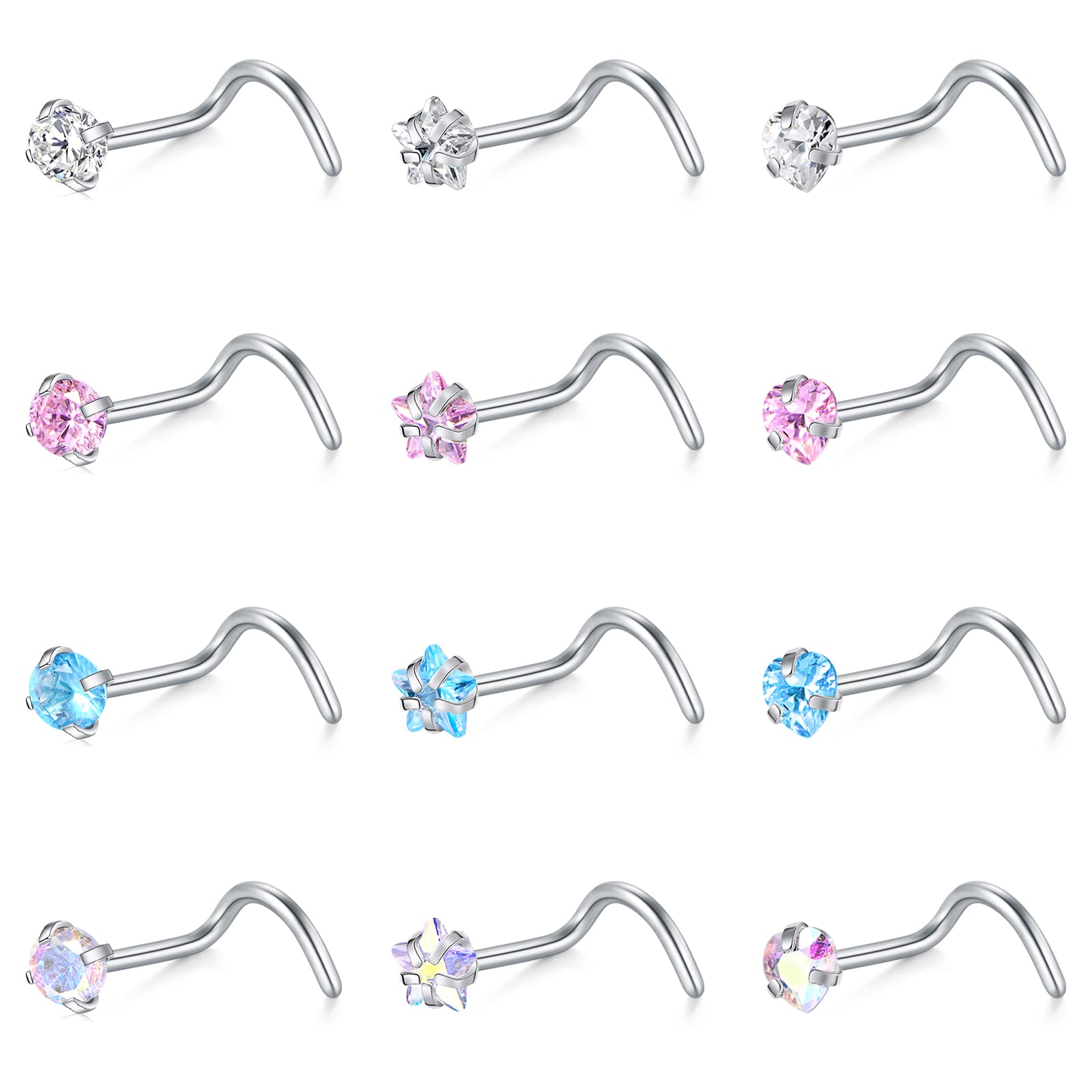 WillTen 20G Nose Studs L Shape Women Nose Studs Colorful Diamond CZ Silver Stainless Steel Heart Start Piercing Jewelry — view 10