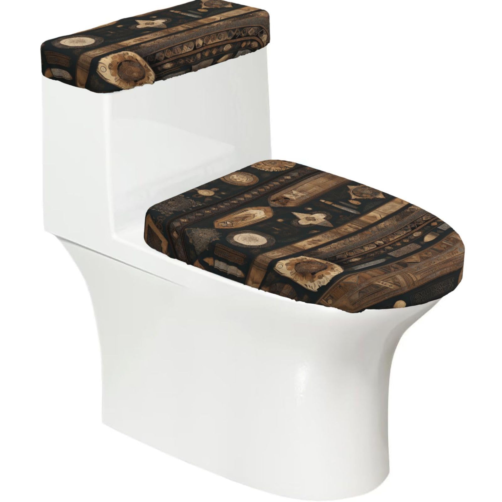 Cntdbu Black Bohemian Style Stretchy Toilet Lid And Tank Cover Set-Soft Elastic Bathroom Decor For U Shape Oval