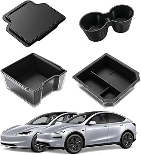 Silicone Center Console Organizer for Tesla Model Y & Model 3 | 4PCS Silicone Console Storage Tray with Easy-Clean Liners, Cup Holder Organizer and Hidden Storage Box