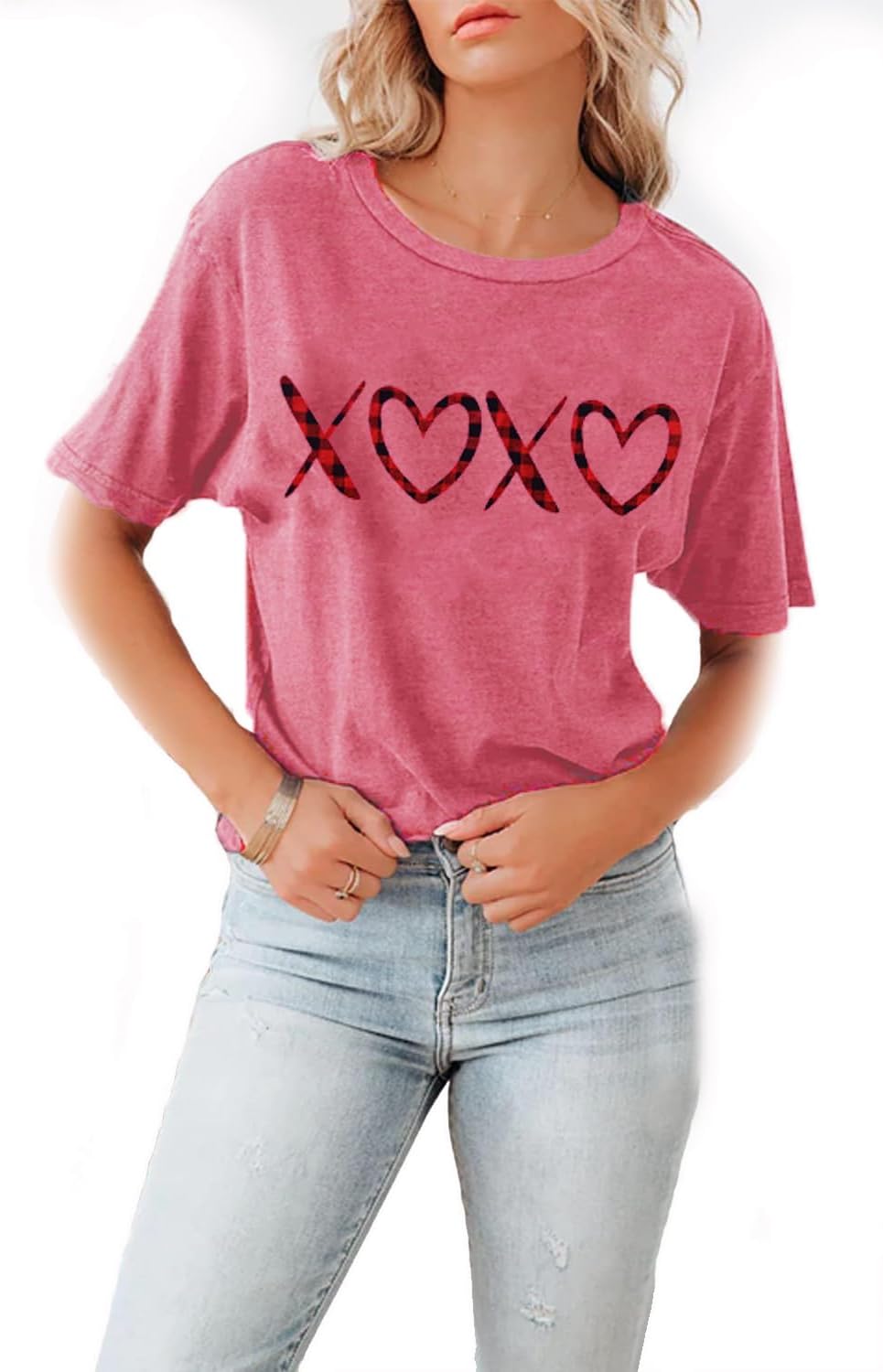 Shirts for Women XOXO Love Heart Buffalo Plaid Graphic T Shirts Loose Fit Letter Printed Short Sleeve Gifts for Her