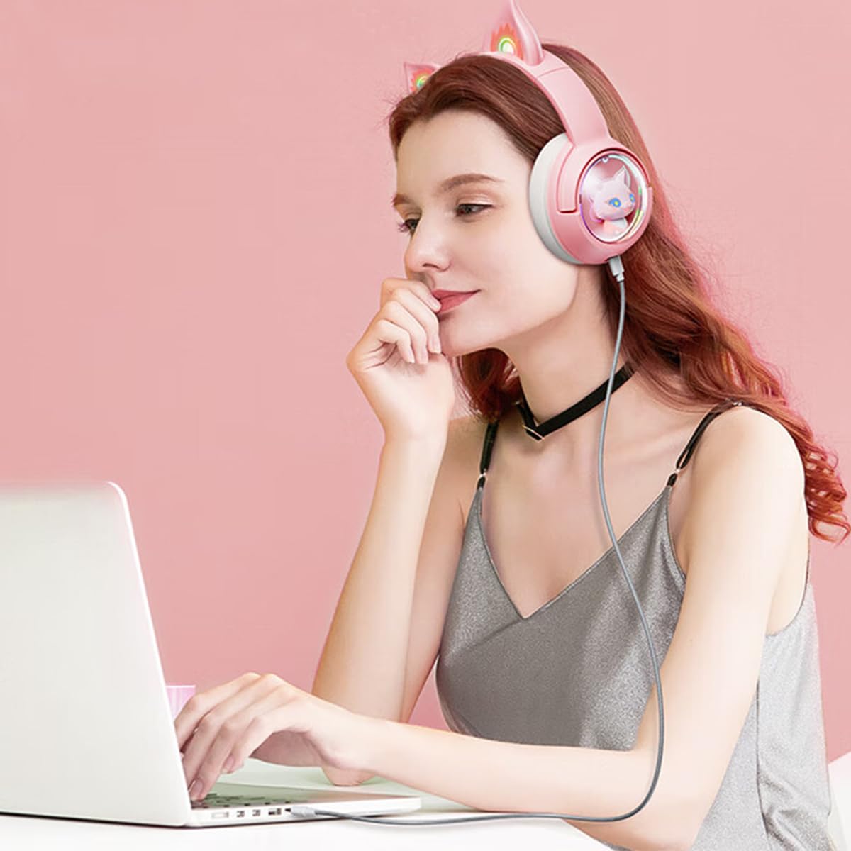 Casque Bluetooth sans Fil Gaming avec Oreille de Chat Rose | Ecouteur Gaming headset De Jeu USB Câblé, avec Microphone Lumière LED, Son Surround 7.1, Stéréo HD, Pour PC TV Téléphone
