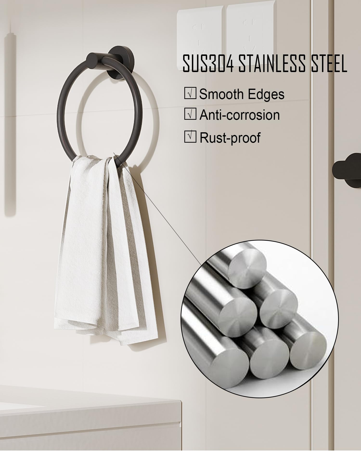 Portasciugamani Da Parete In Acciaio Inox Cromato - Anello Per Bagno Moderno E Antiruggine - Base Quadrata - Foto 6