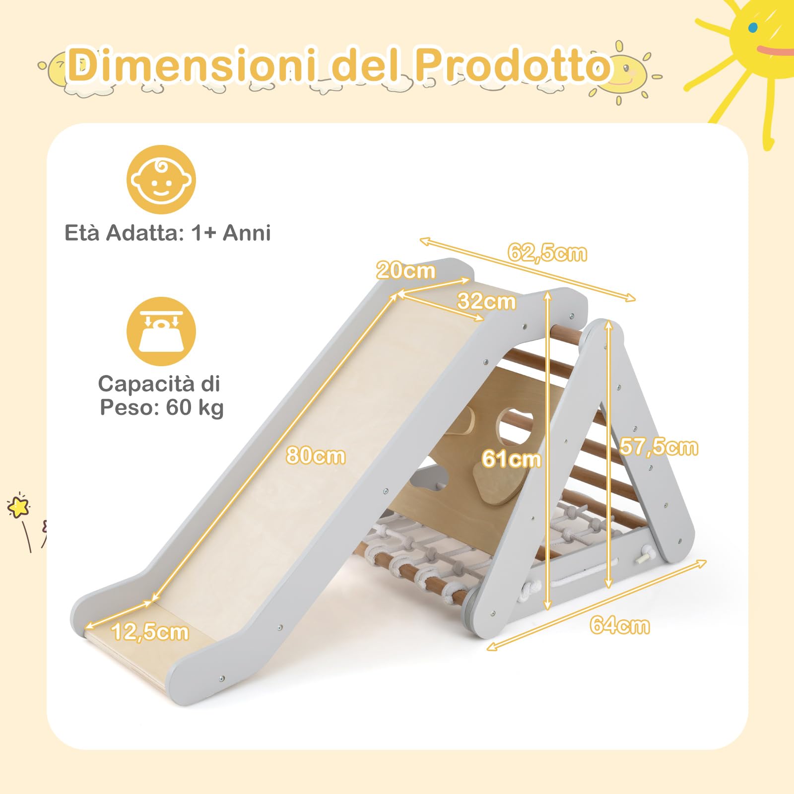 RELAX4LIFE 4 en 1 Trepa Triángulo de Madera con Rampa, Red de Escalada, Escalera y Tablero, Escalada Triángulo Infantil con Tobogán para Sala de Estar, Habitación de Niños, Guardería (Gris)