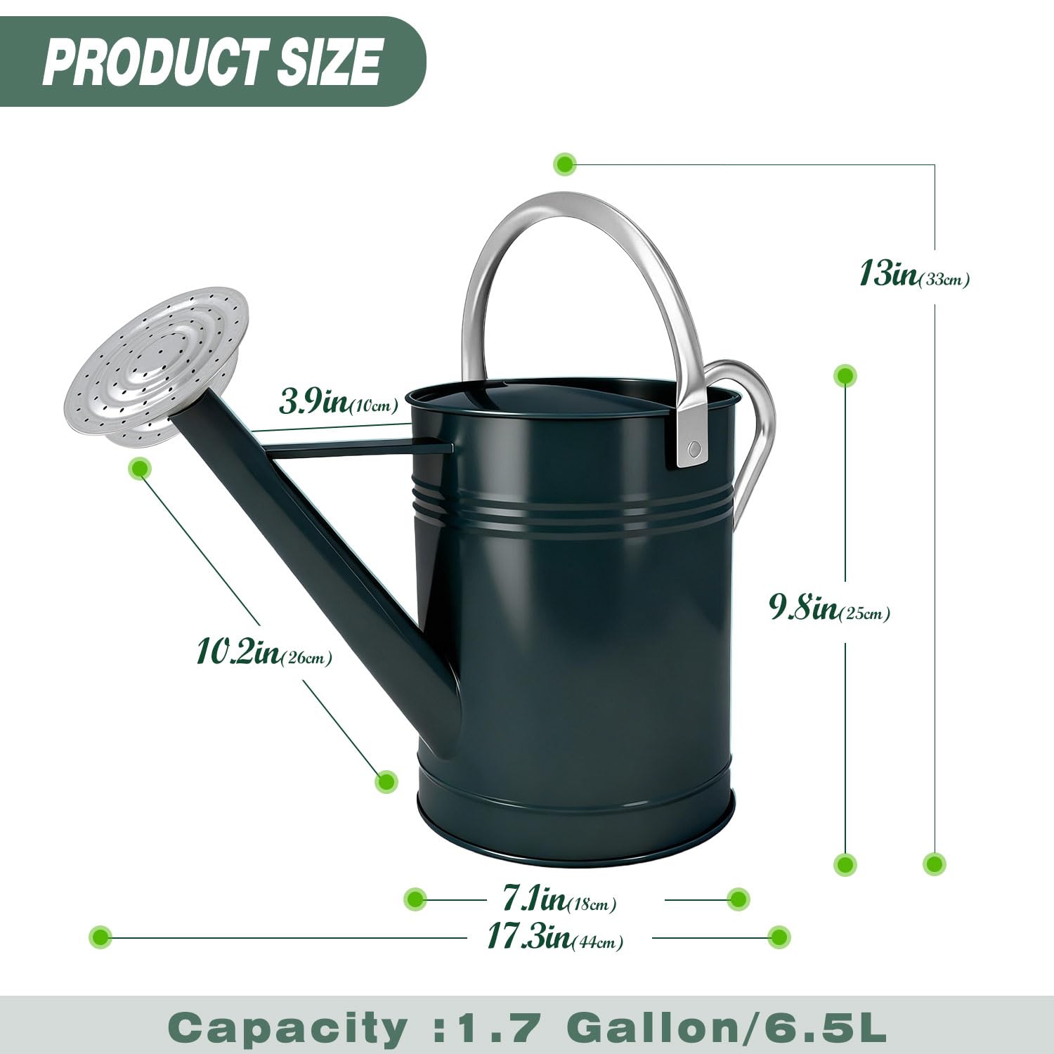 6,5 l, ciemnozielona, metalowa konewka do roślin zewnętrznych i pokojowych, ocynkowana stalowa konewka ze zdejmowaną dzióbką, ruchomym uchwytem do noszenia, odporna na rdzę doniczka do podlewania do