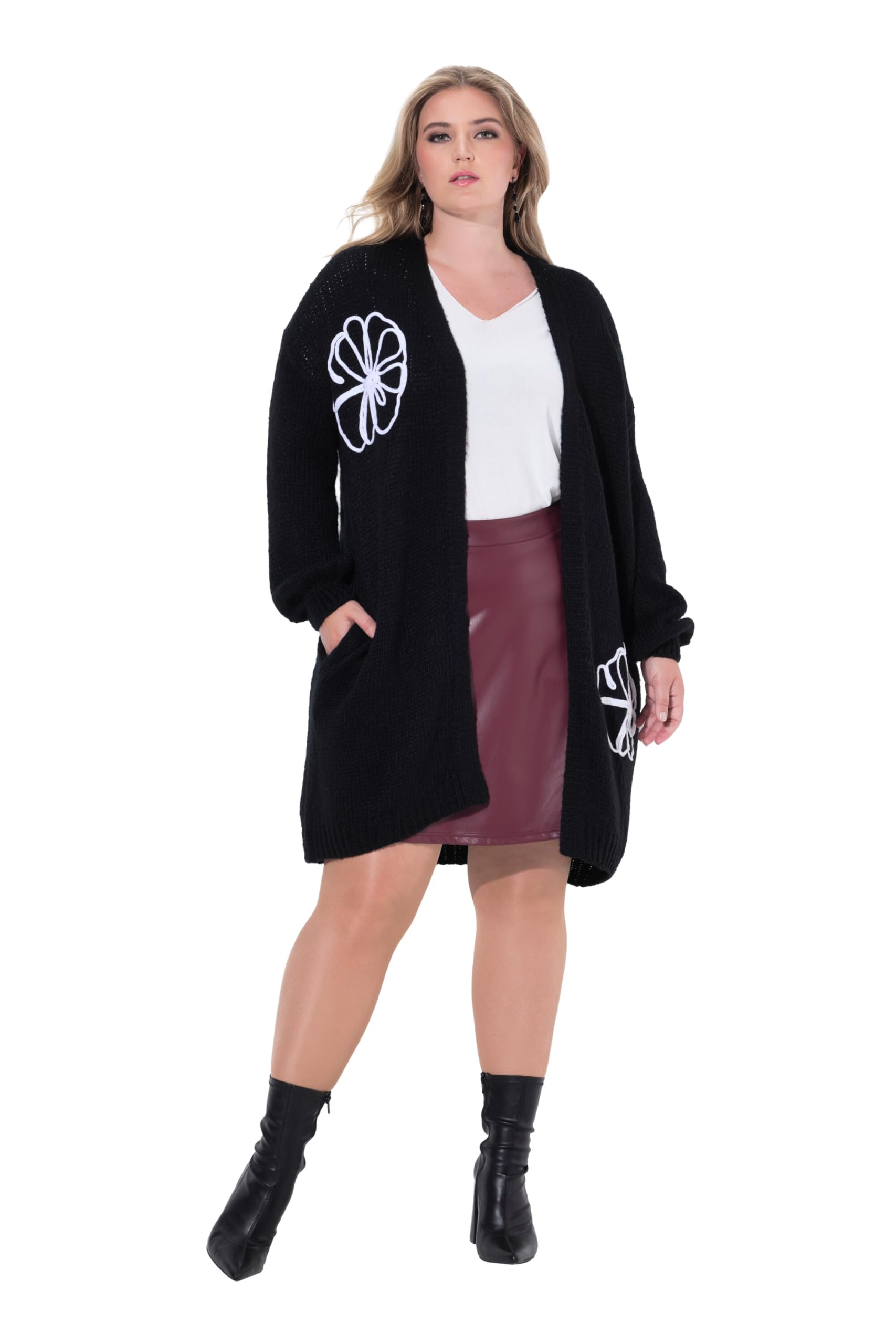 MIAMODA Damen große Größen Übergrößen Plus Size Long-Strickjacke, Straight Fit, Blumen-Stickereien 845444