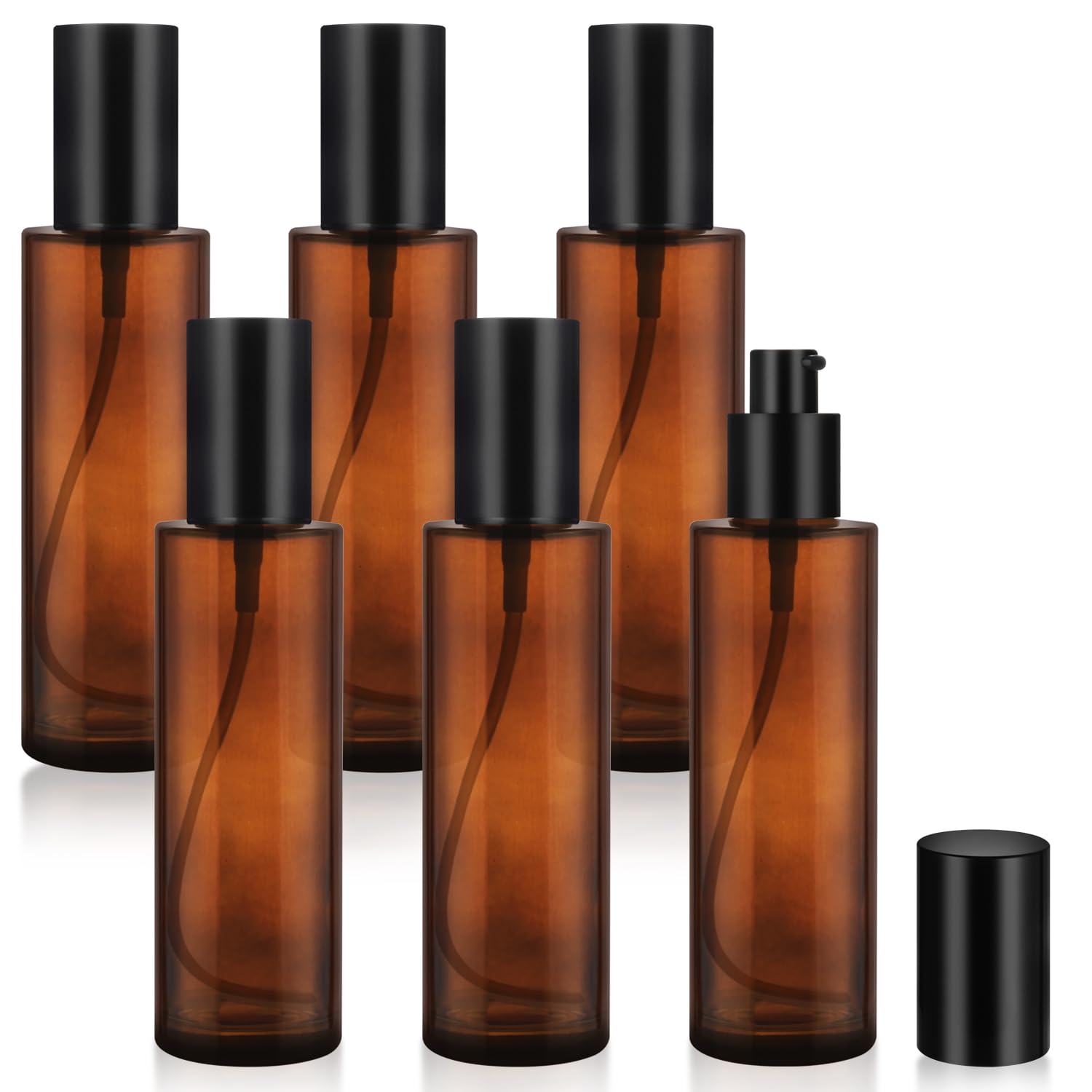 6 Pcs 100ml/3.4oz Amber Glass Pump Bottles Refillable Lotion Dispenser Cosmetic Sample Storage Container Vial with Black Pump Head for Liquid