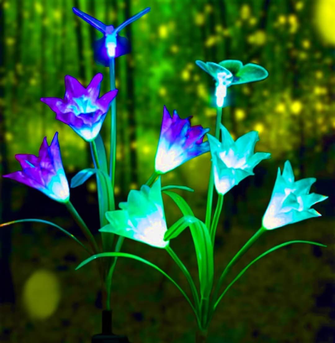 Guanshan Purple + Red 2 Pc Outdoor Solar Lights, Lily Solar Flower Lights, Led Solar Lawn Light With Butterfly, 7 Color Light Changing, Perfect For Garden, Yard, Patio, Walkway (Purple + Red)