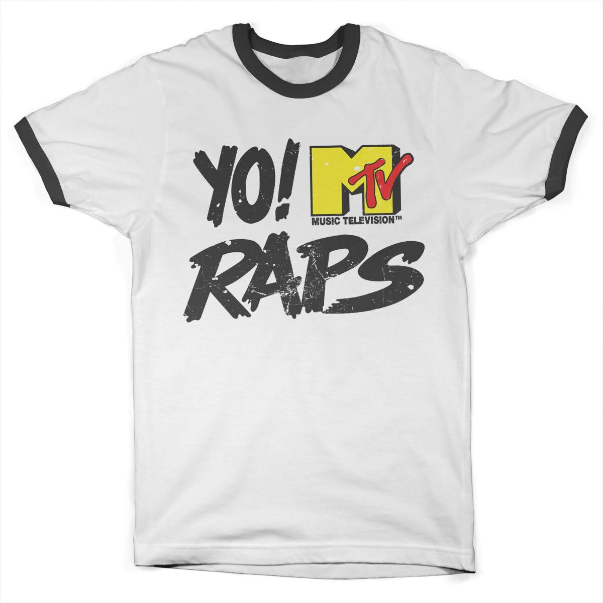 Yo! MTV Raps t-shirt homme vintage ringer noir et blanc streetwear avec logo distressed - 2