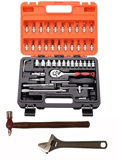 Digital Craft Multifunction Hand Tool Kit Car Ratchet Wrench Assembly Tool Household Repair Tools Automotive Set 46PC Socket Set,Hammer 200 gm,10