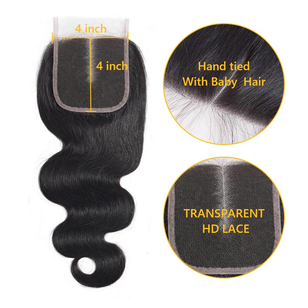QTHAIR 18A Grade Brazilian Body Wave Human Hair Bundles with HD Lace Closure (12" 14" +10", Middle Part Closure) Body Wave Virgin Hair Bundles with Closure