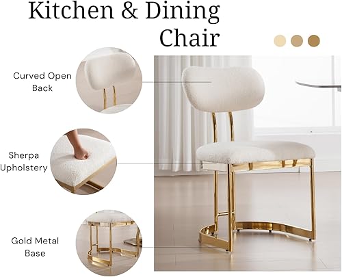 Miniatura 3 de EALSON Juego de 2 sillas de comedor blancas modernas con patas doradas, sillas tapizadas de sherpa para cocina, comedor, respaldo curvado, sillas de