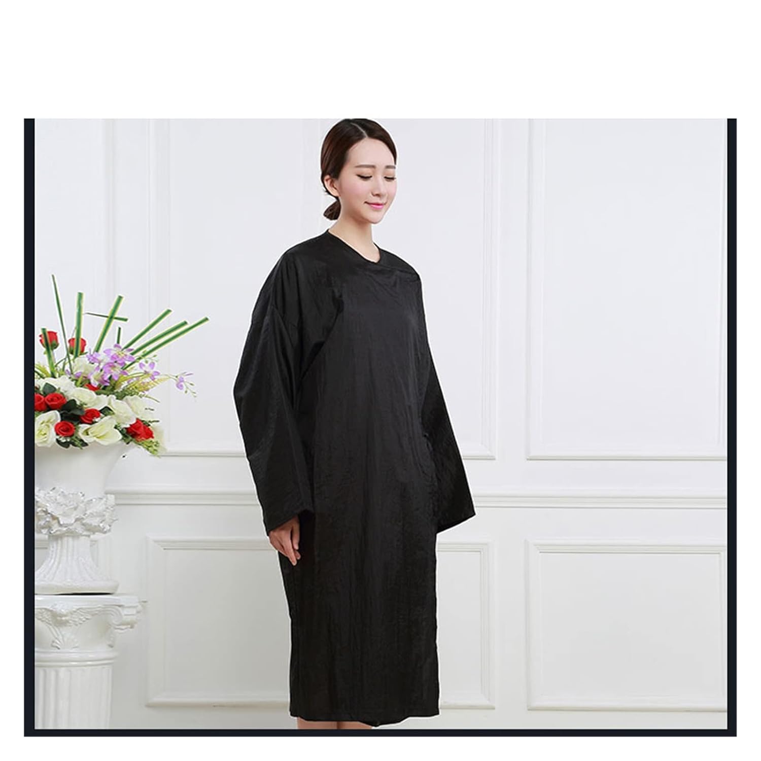 Salon Client Crepe Large Smock Kimono Hairdressing Cape Beauty SPA Hotel Barber Guest Clothes Night-gown Wrap Apron(Black)