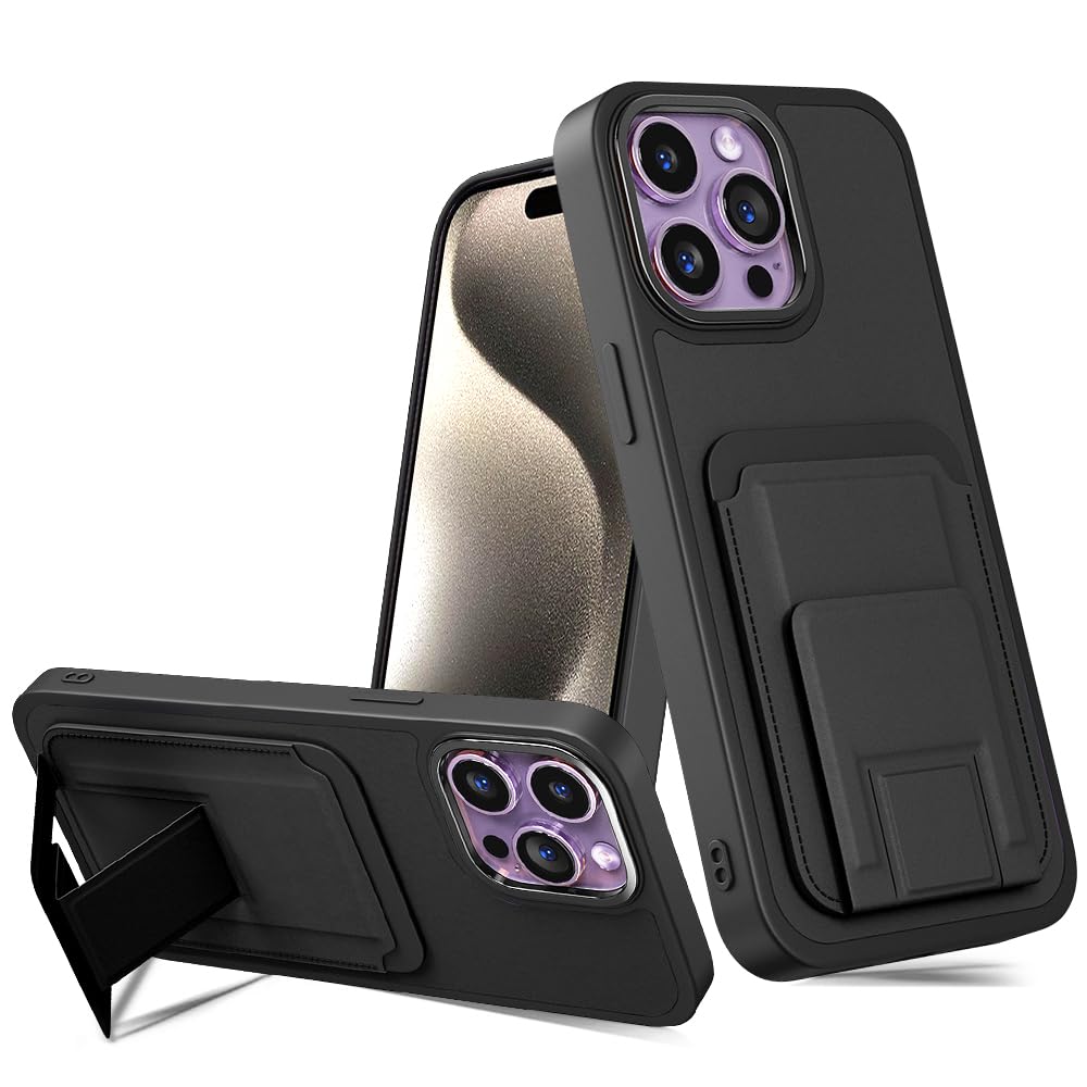 Pusiikeer Compatible with iPhone 15 Pro Max Case, Folding Kickstand/Stand Wallet Case Card Holder/Slots Heavy Duty Shockproof Protective Cover Case for iPhone 15 Pro Max 5G 6.7 Inch 2023 - Black