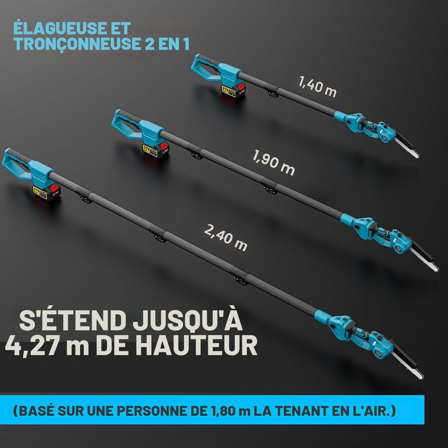 Mini TronçOnneuse Et SéCateur éLectrique 4 En 1 Avec Batterie 2 X 4,0 Ah, Barre D'Extension Jusqu'à 4,2 M, Moteur Sans Balais, Scie D'éLagage éLectrique Pour Branches D'Arbre