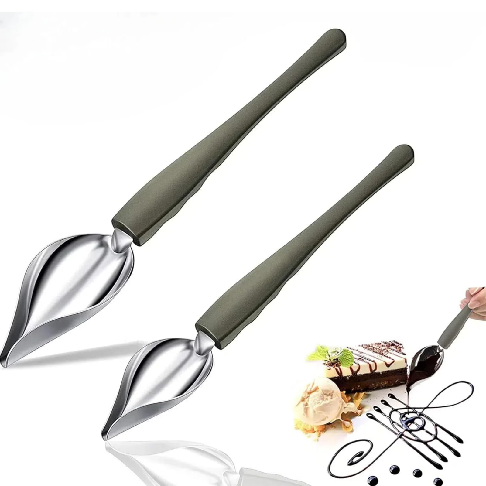 Cyoufine Professional Culinary Precision Drawing Decorating Spoon Set, 2Pcs Stainless Steel Chef Drizzle Spoons,Chocolate Filter Spoons,Plating Spoon