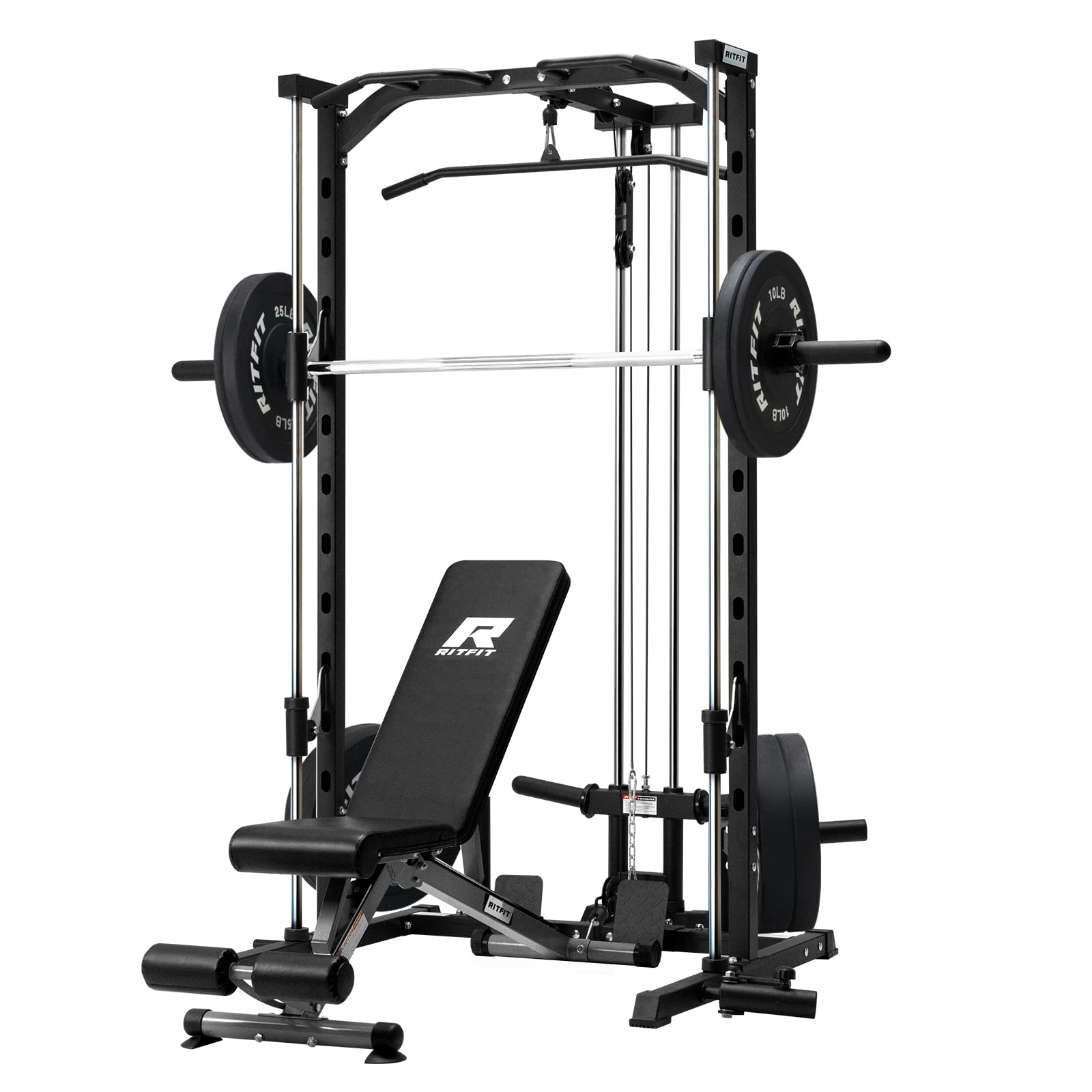 RitFit Smith Machine Power Rack with LAT-Pull Down System, Landmine, Barbell Bar, Plate Storage Pegs and More Training Attachment Package (With Black BP 230LBS)
