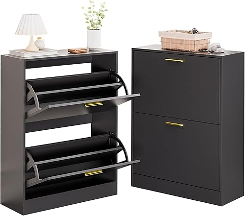 Miniatura 9 de LYNSOM Juego de 2 zapateros, organizador de zapatos con 2 cajones abatibles, moderno almacenamiento de zapatos de entrada con pantalla superior,