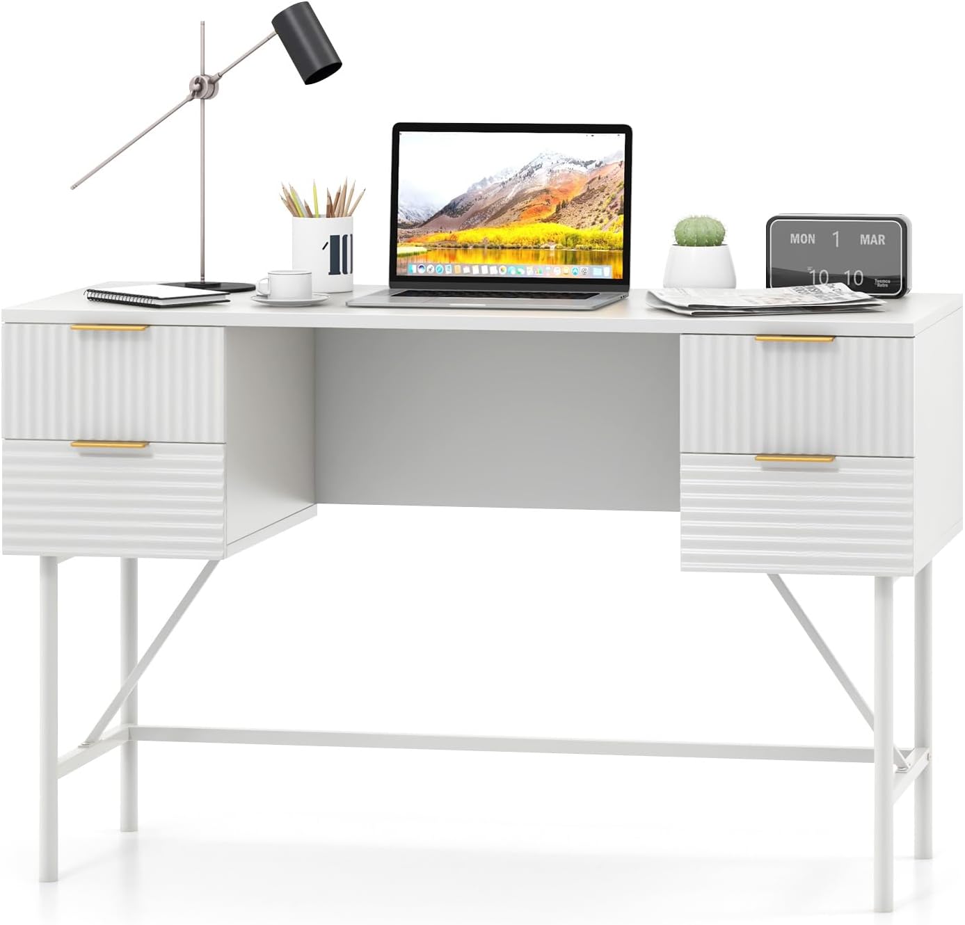 Giantex Modern Desk with 4 Drawers, 48 Inch Computer Desk with Storage, Heavy-Duty Gold Metal Frame, Makeup Vanity Dressing Table, White and Gold Desk for Bedroom Study Home Office