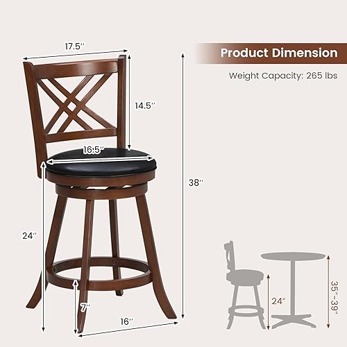 Miniatura 3 de Giantex Juego de 2 taburetes de bar giratorios de 360, sillas de bar de 24 pulgadas de altura de mostrador con respaldo y reposapiés, taburetes de