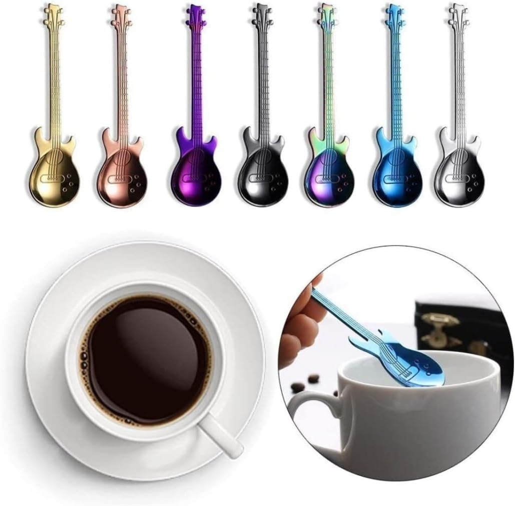 Spoons Guitar Shaped Spoon Coffee Spoon Teaspoon Colorful Creative Stainless Steel Stirring Spoon for Dessert Ice Cream Tea (Color : Gold, Size : 5pcs)