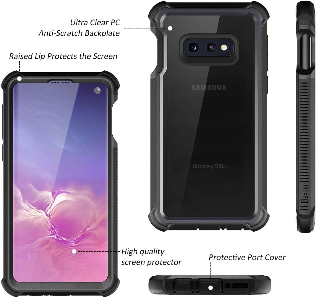 Dexnor Galaxy S10E Case with Built-in Screen Protector Clear Rugged Full Body Protective Shockproof Hard Back Defender Dual Layer Heavy Duty Bumper Cover Case for Samsung Galaxy S10E - Black