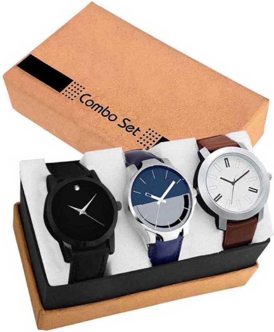 Mens Modern Wrist Watch|Sleek Dial | Durable Build | Casual & Formal Use Comfortable Genuine Leather Strap Watches Set of 3 Piece Black Blue and White Dial|150-picture-29