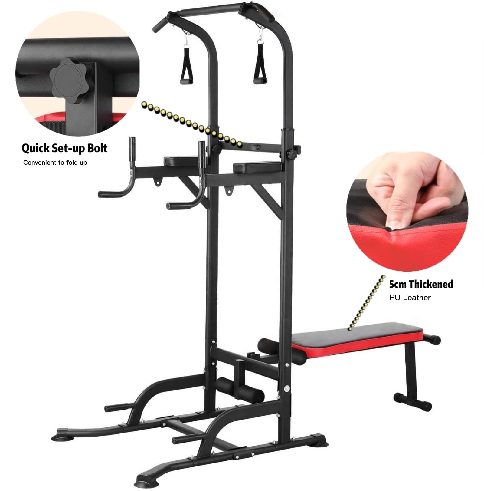Power Tower multifunktional mit klappbarem Hantelbank, Dip Station Klimmzugstange, Krafttraining Ganzköpertraining Heimfitness, inkl. Trainingsbänder, Ladekapazität bis zu 200KG