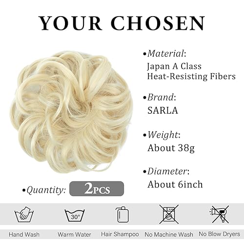 Miniatura 2 de SARLA 2 piezas de cabello desordenado de moño ondulado, rizado, sintético, recogido, extensión de cola de caballo para mujer, rubio playa
