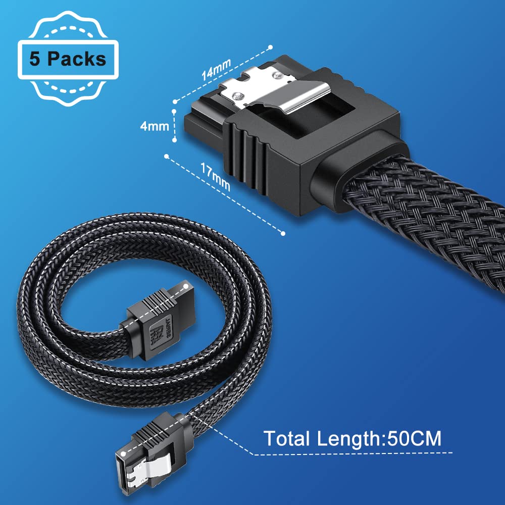 ELECTOP SATA III Cable, 6Gbps Straight HDD SDD Data Cable, SATA 3.0 Nylon Braided with Locking Latch for HDD, SSD, CD Driver, CD Writer(20 Inch, Black,5 Pack)