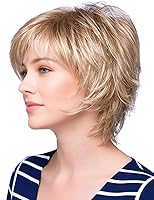 Vista 19 de TISHINING Pelucas rubias cortas en capas para mujeres blancas, longitud de la barbilla, color rubio ceniza, parte lateral, peluca Pixie Bob, cabello