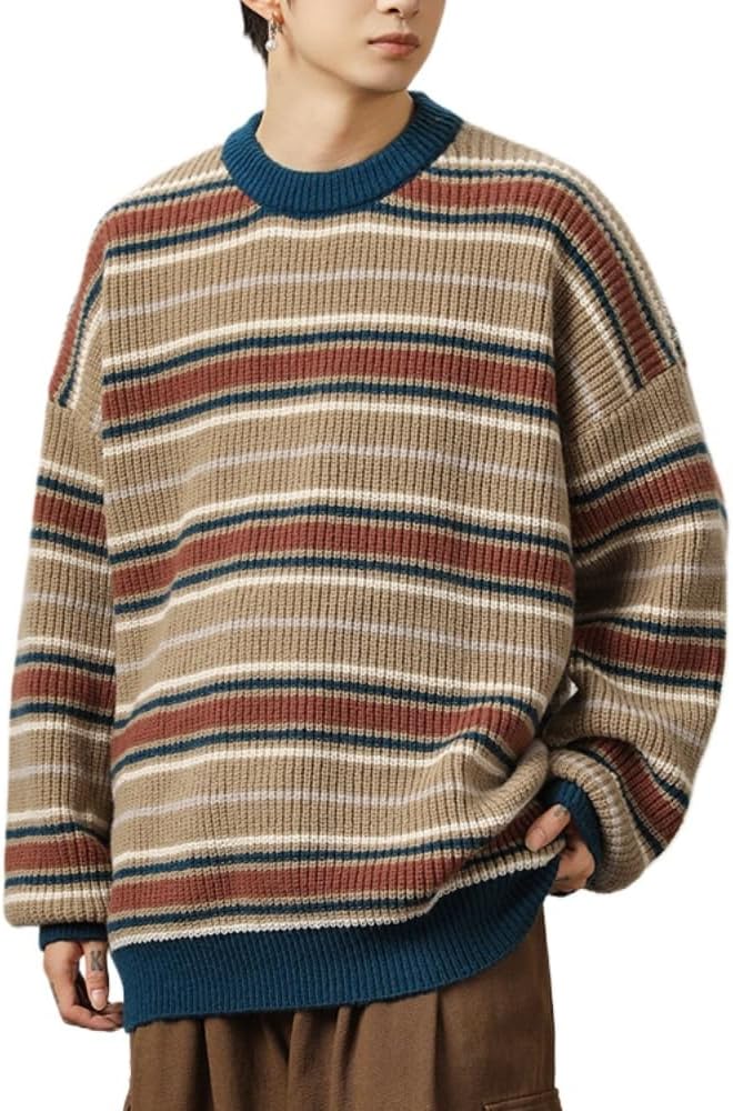 POHADON Mens Y2k Striped Sweater Vintage Aesthetic Grandpa Knitted Pullover Tops Long Sleeve Crewneck Women Grunge Clothes