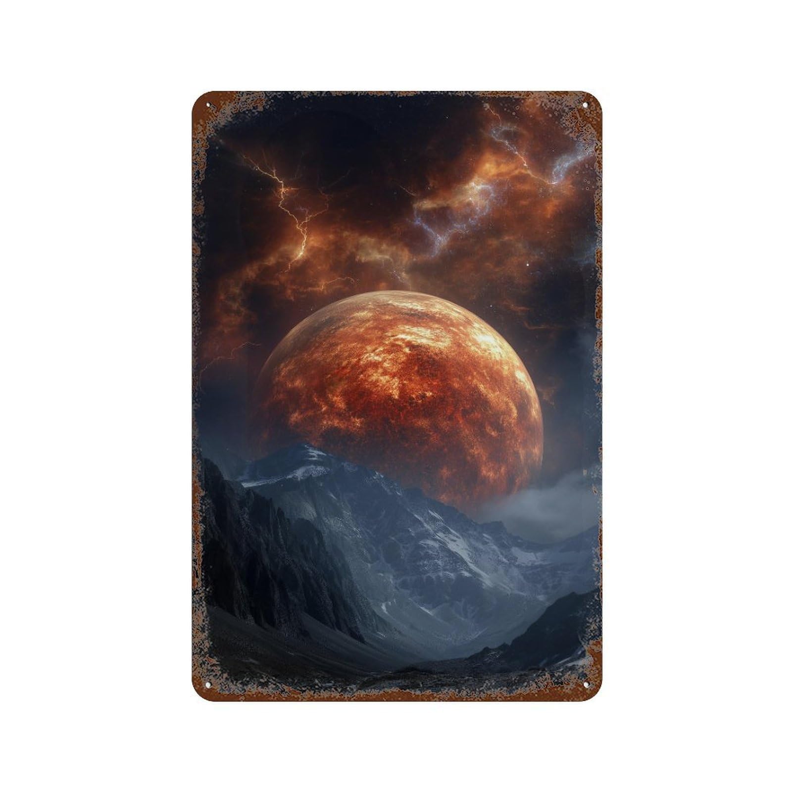 Decorative Tin Sign with Fiery Planet Over Mountain Range Design 11.8"x7.9", for Farmhouse, Kitchen And Entryway Decor, Old School Wall Decor