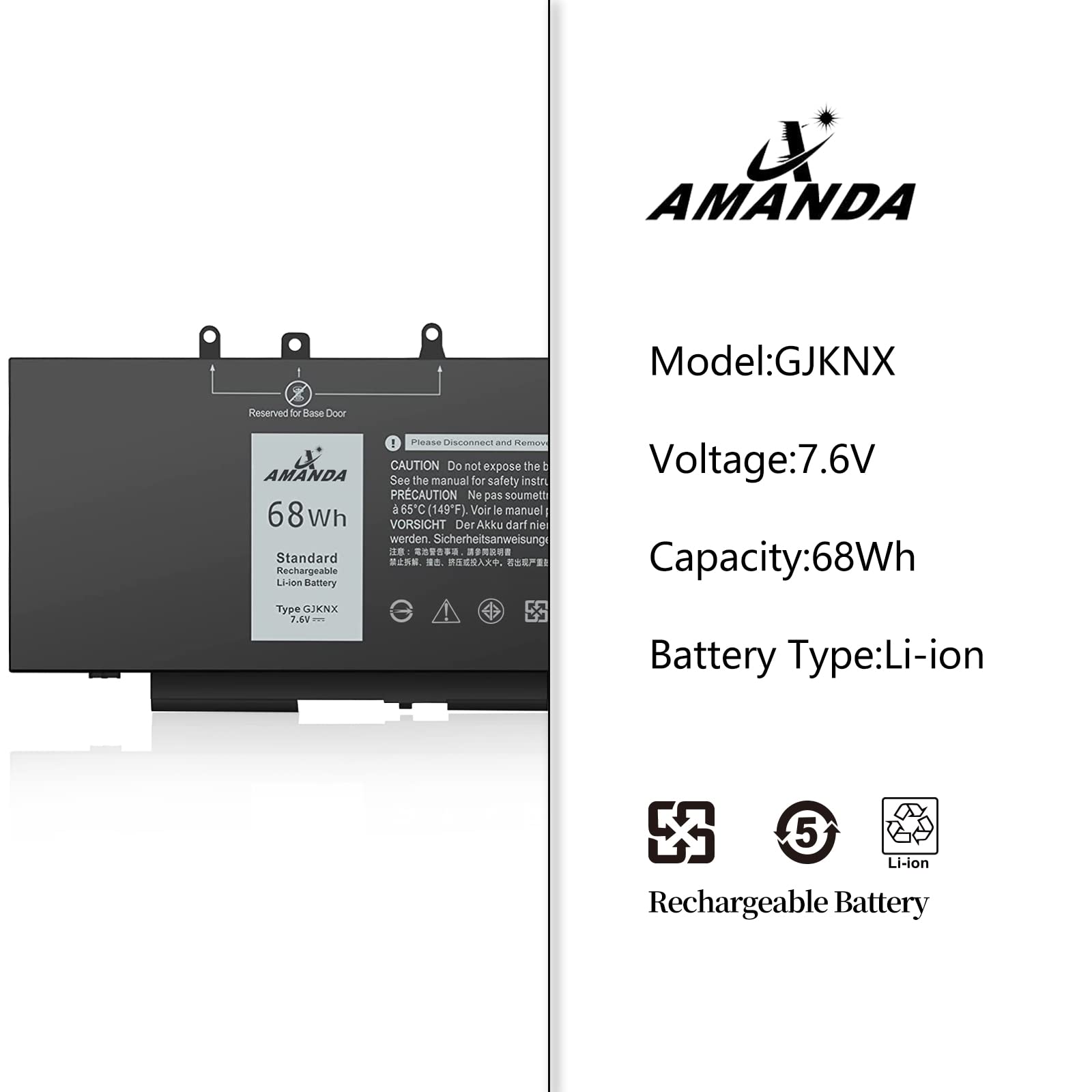 A AMANDA GJKNX Laptop Battery 7.6V 68Wh Replacement for Dell Latitude 5480 5580 5280 5590 5490 E5480 E5580 E5490 E5590 Precision 15 3520 3530 Series GD1JP 0GD1JP DY9NT 0DY9NT 5YHR4 451-BBZG 4cell
