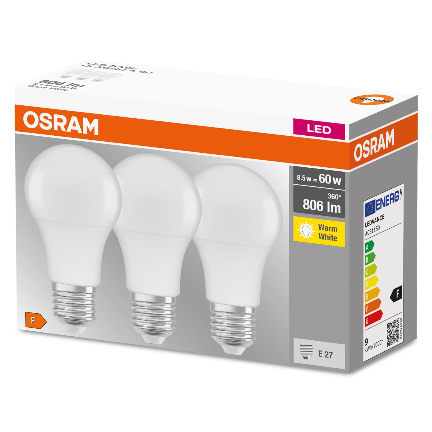 OSRAM LED Base Classic A, en forma de bombilla con casquillo E27, No regulable, Sustituye a 60 vatios, Mate, Blanco cálido - 2700 Kelvin, 10 x paquete de 3