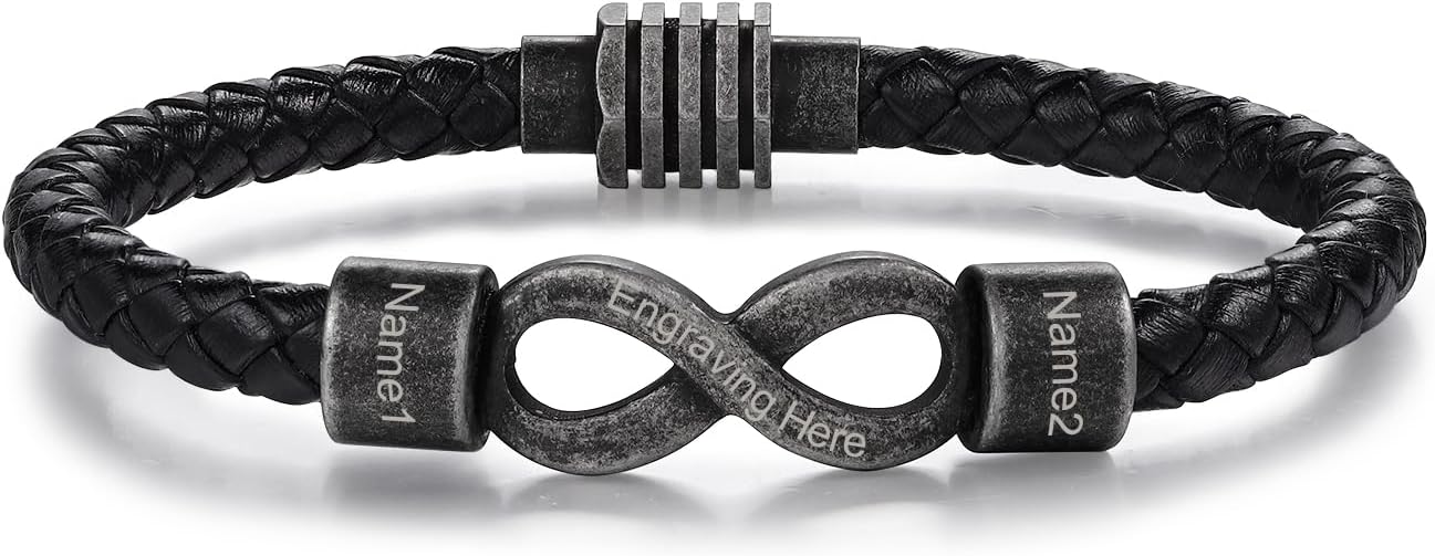 Personalized Name Infinity Bracelet for Men Custom Name Leather Braided Bracelet for Men Dad Husband Son Gifts for Father's Day (2 Names)