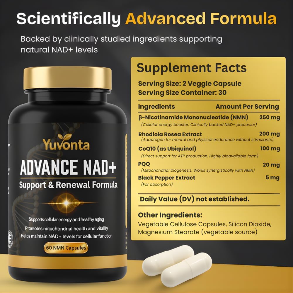 NAD+ Supplement with Nicotinamide – Advanced NAD Booster Supplement for Cellular Energy & Longevity – NAD Plus Supplement Capsules for Men & Women–60 Vegan NAD Capsules