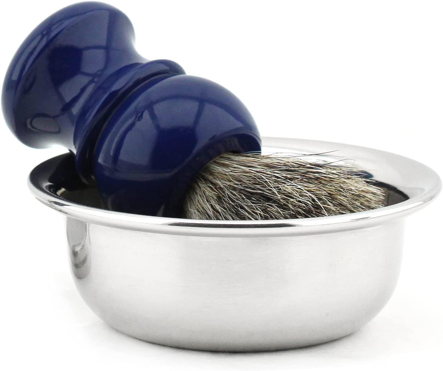 Rasierset mit 3-Klingen-Rasierer und Echt-/Super-Dachshaarpinsel, Rasierschale, Rasierständer in blauer Farbe